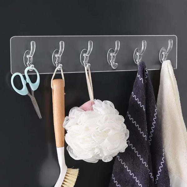 (pack Of 2 ) 6 Row Transparent Wall Hooks Bathroom Kitchen Storage Sticker Hook